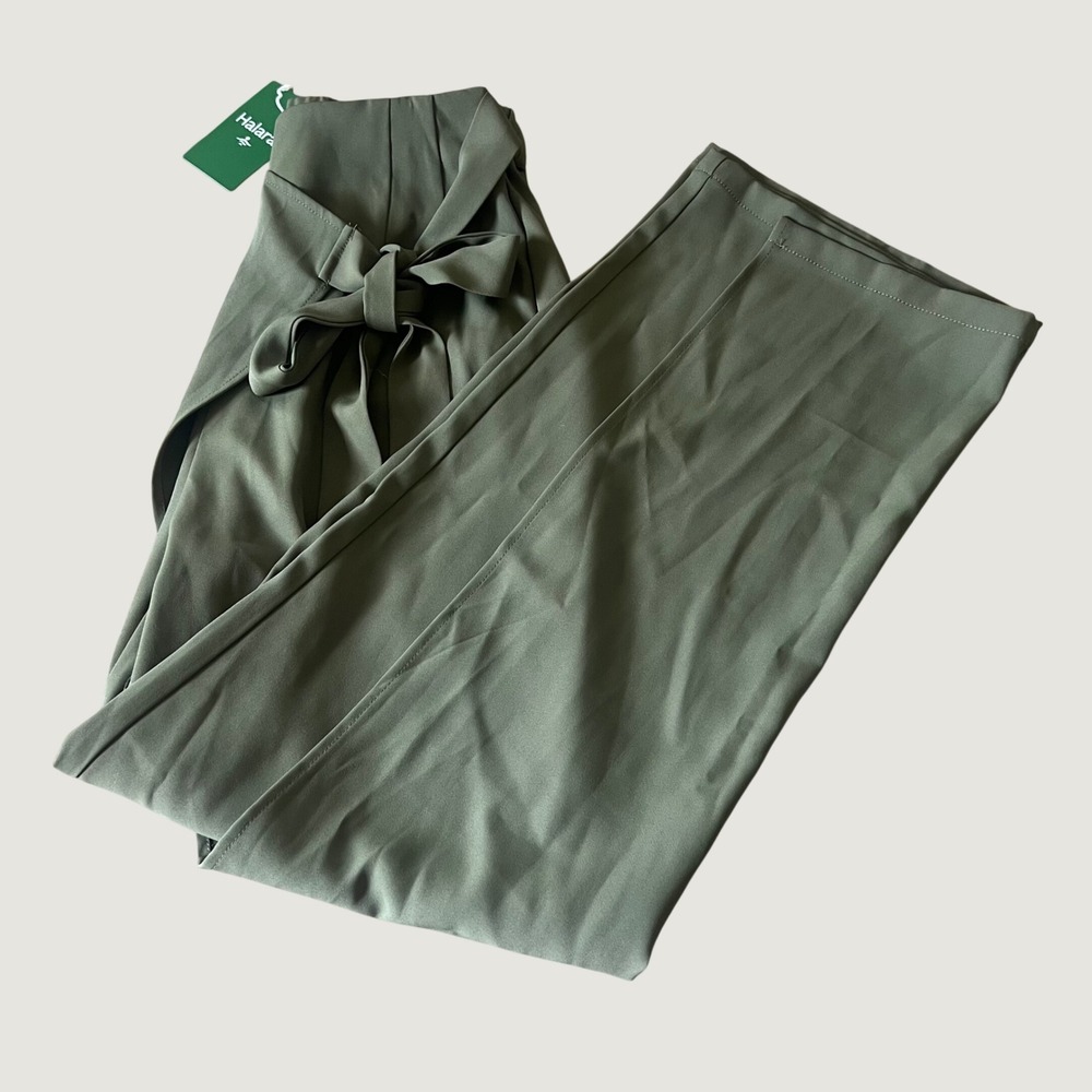 NWT Halara Women's S Wide Leg Trousers Olive Green Wrap Tie Waist Pants
